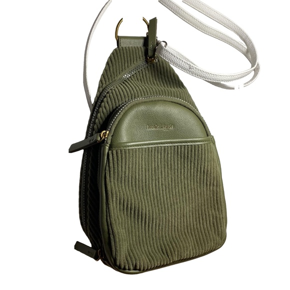HAUTE HIPPIE Olive Green Corduroy Sling Backpack Crossbody Bag Utilitarian Boho - Picture 1 of 15